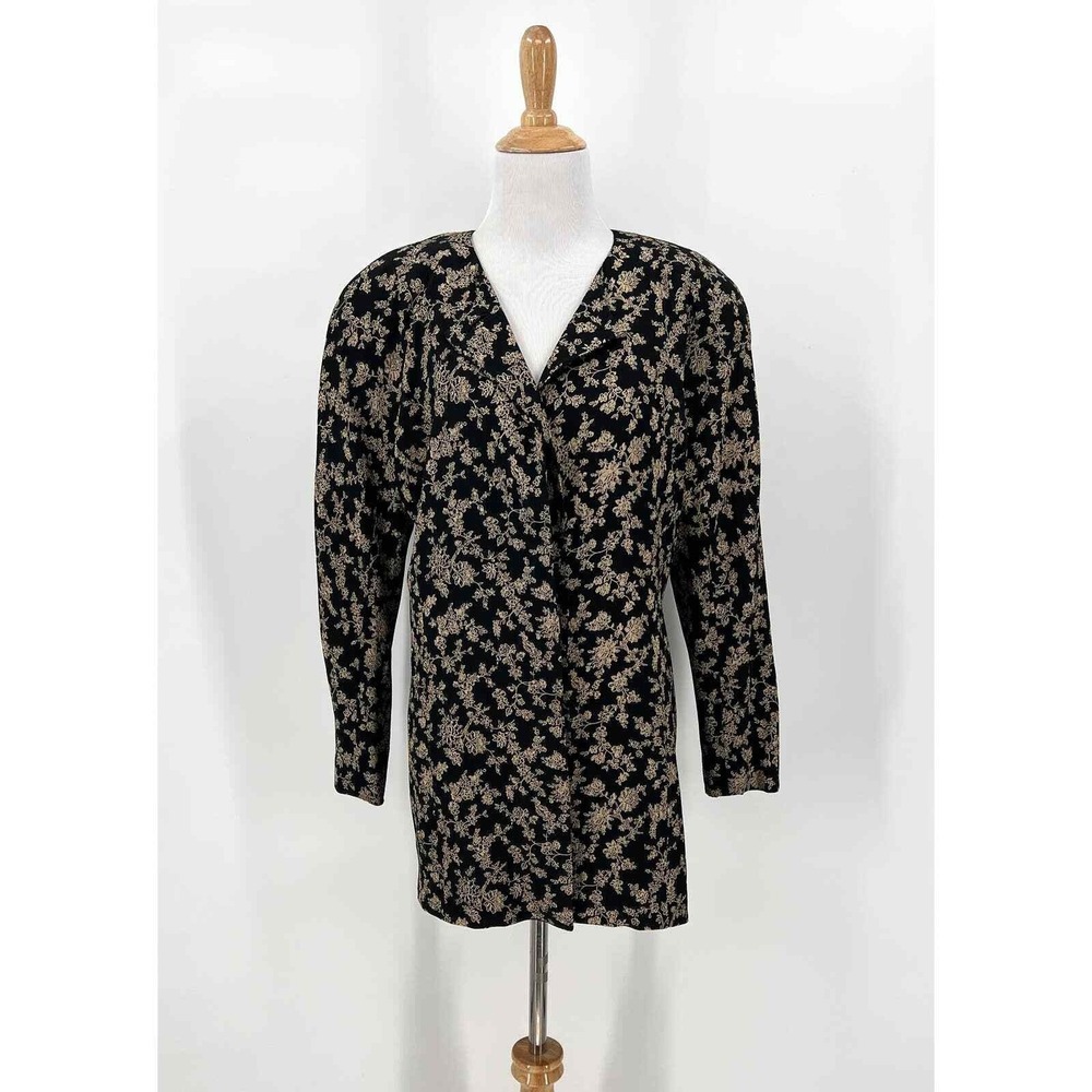 CHLOE Vintage Shirt Jacket Women 40 Black Tan Long Sleeve Floral Print Retro